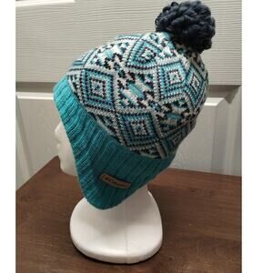 Columbia Youth One Size Peruvian Beanie Ear Flap Blue Aztec Knit Pom Pom Cap